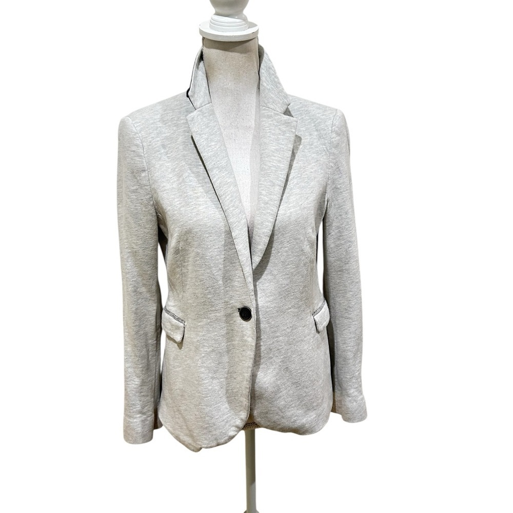 Zara basic Light Gray knit lined single button Blazer plaid collar back large